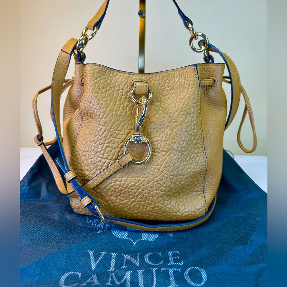 Vince Camuto Ames crossbody leather bag in caramel pebbled leather, dustbag